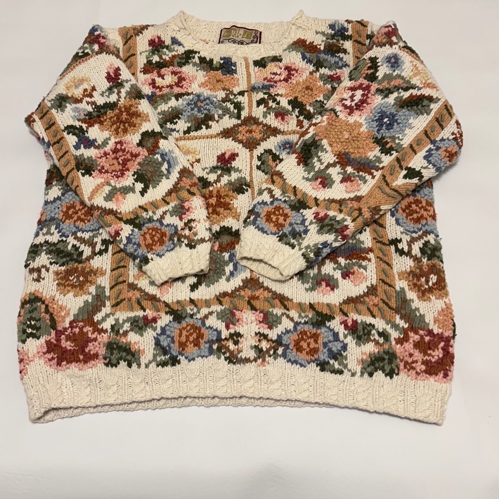 Vintage Crystal-Kobe Floral Knit Sweater Petite Small Cottagecore Ramie Cotton
